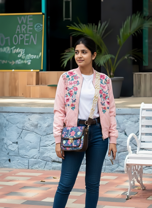 Feista - Blue Pink Flower - 4 Zips - pockets sling bag with Aztec Belt