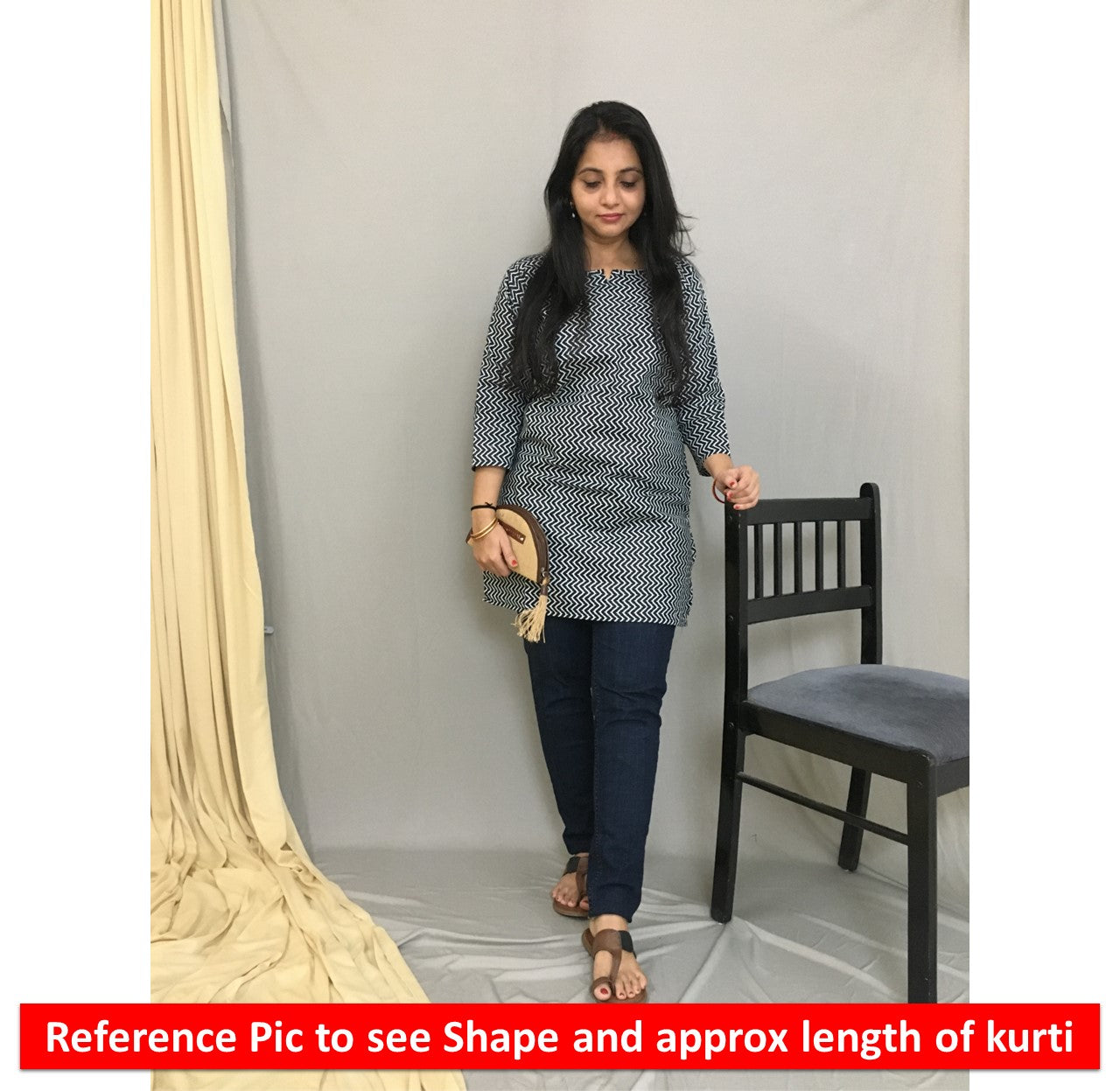 Pure Cotton - Short Kurti - Kalamkari Ajrakh - Black