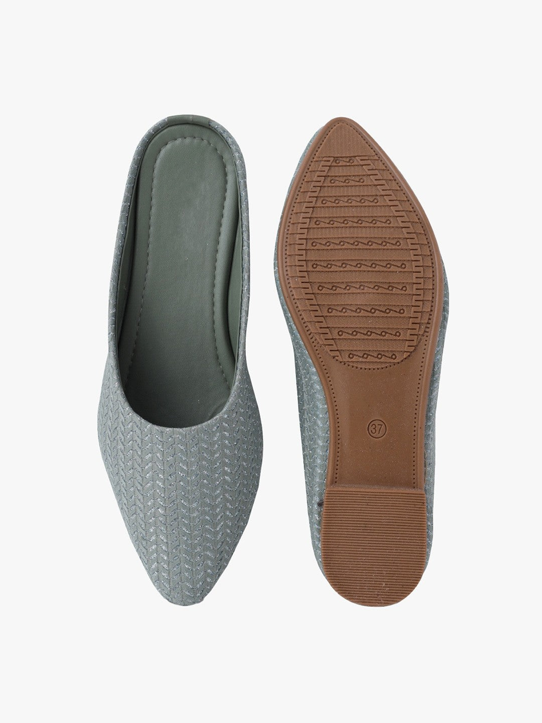 Women Grey Textured Leather Ethnic Flats