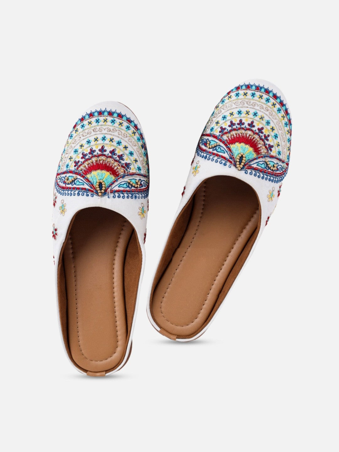Women Off White / Cream Ethnic Embellished Mules Flats
