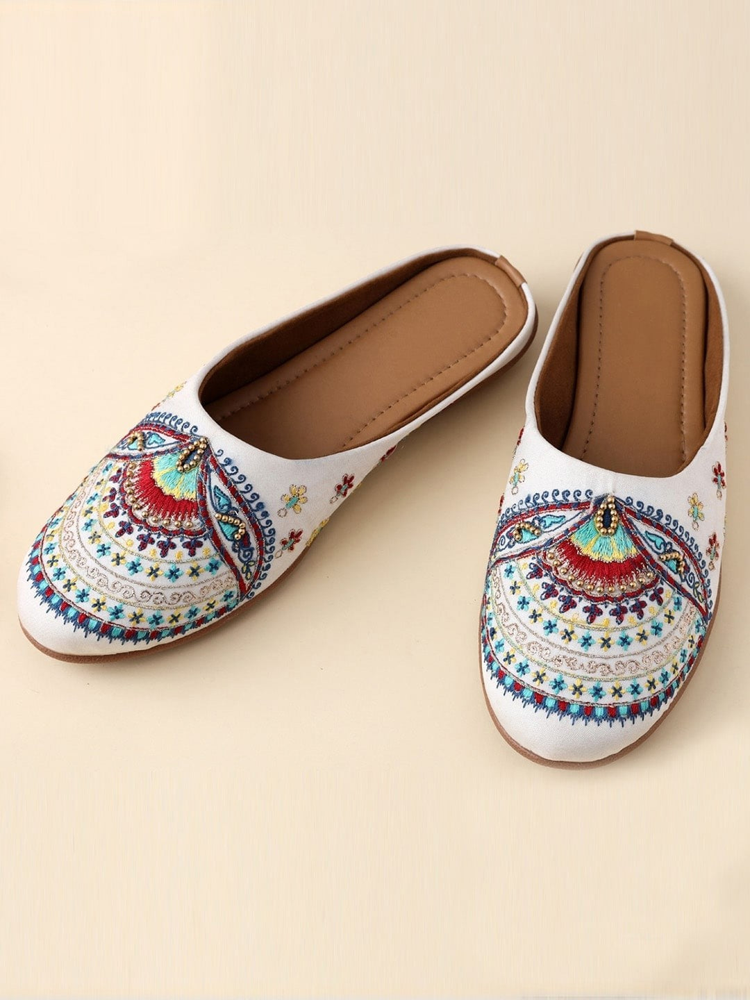 Women Off White / Cream Ethnic Embellished Mules Flats