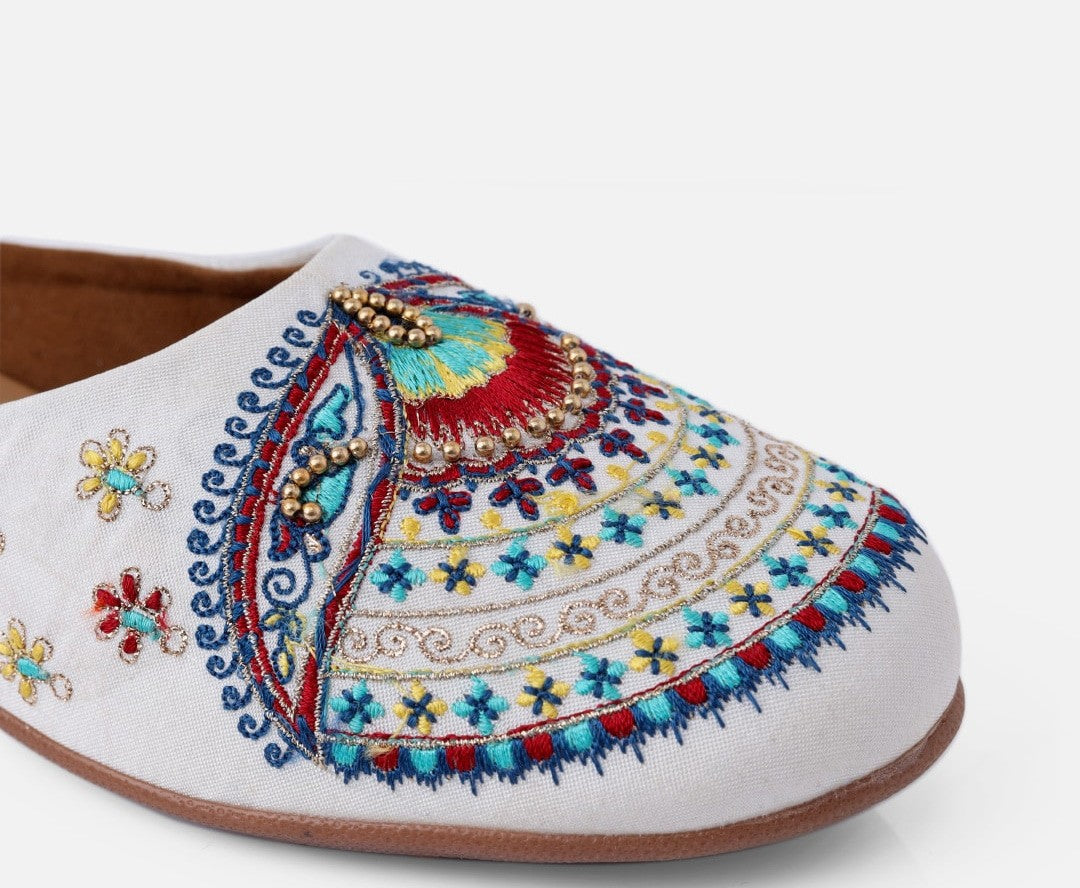 Women Off White / Cream Ethnic Embellished Mules Flats