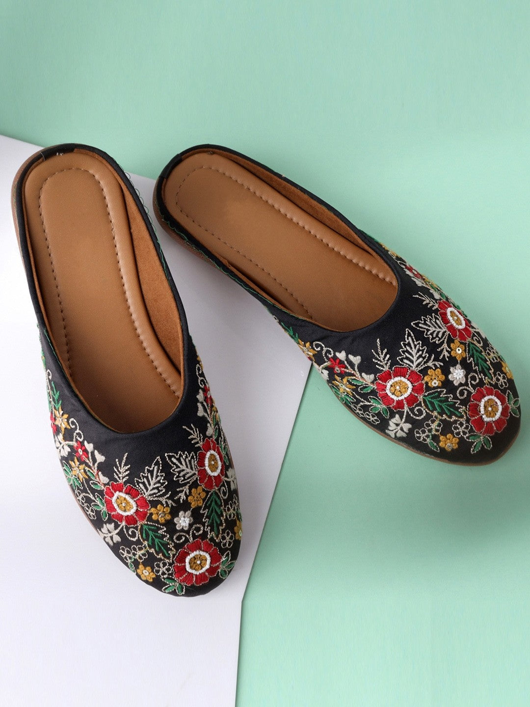 Women Black Embroidery Ethnic Flats