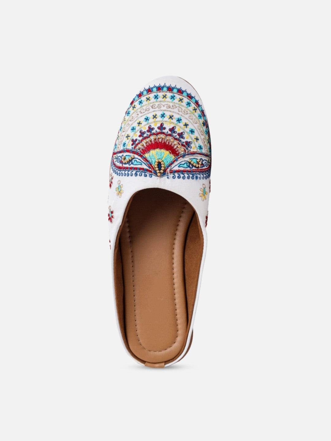 Women Off White / Cream Ethnic Embellished Mules Flats
