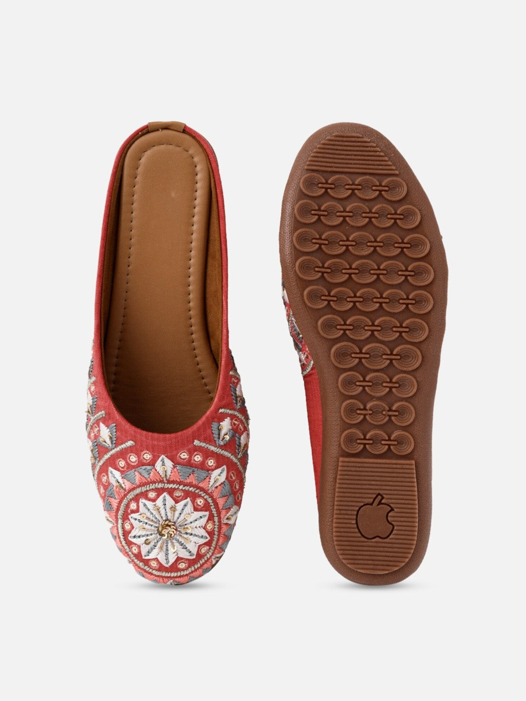 Women Peach & White Embroidered Ethnic Flats