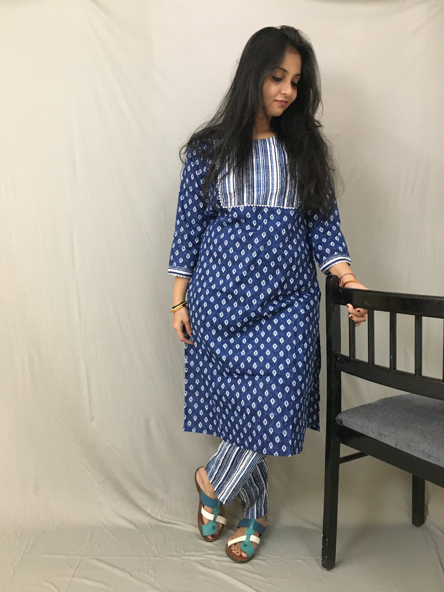 Blue Flower Print Kurti Set