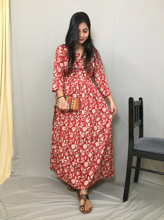 Maroon Forrest Print - Maternity Kurti with Feeding Zips - Cotton Flex - Thicker Fabric