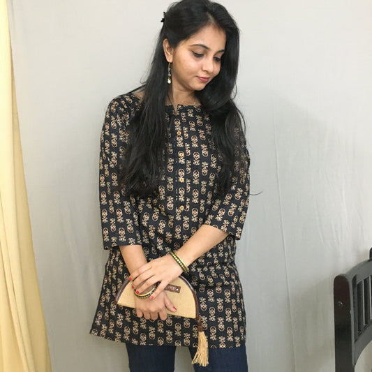 Black Cream Ajrakh - Cord Set - White Pant  - Pure Cotton