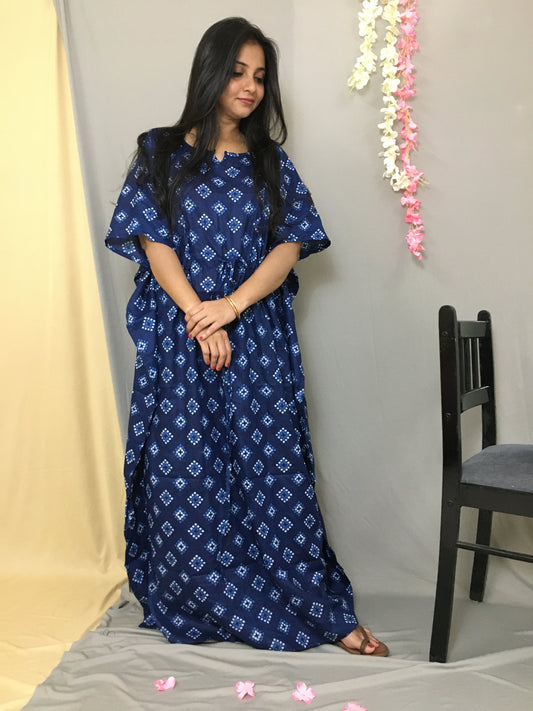 Kaftan - Blue Square Bandhani - Maternity Kaftan - Free Size - Cotton Cambric