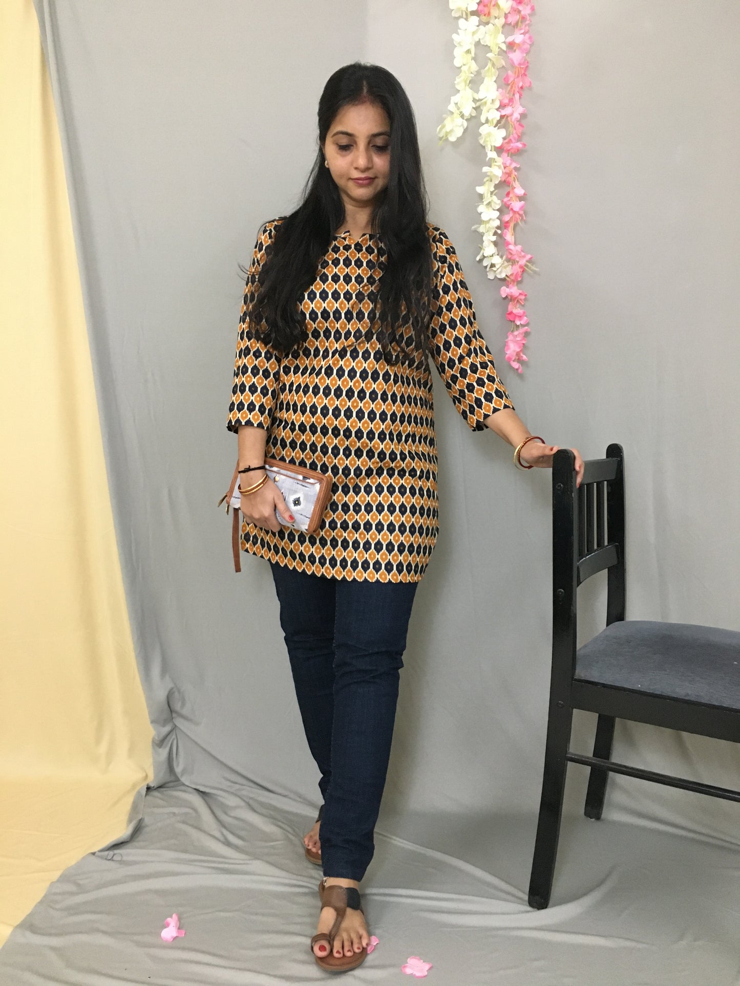 Blue Orange Honey Print Short  Kurti  - Pure Cotton