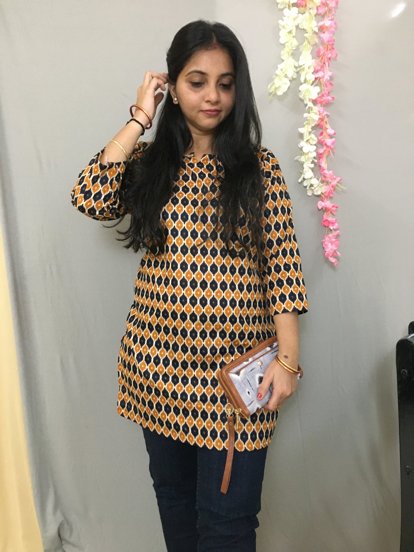 Blue Orange Honey Print Short  Kurti  - Pure Cotton