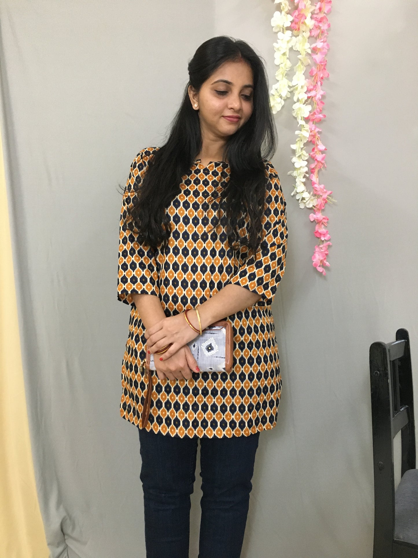 Blue Orange Honey Print Short  Kurti  - Pure Cotton