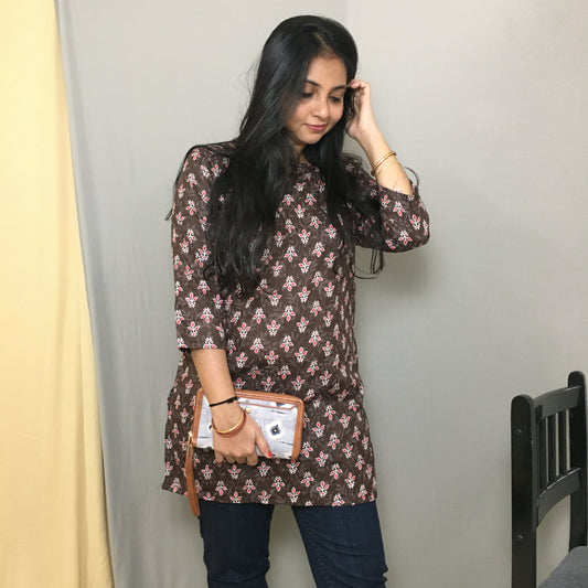 Brown Flower - Cord Set - White Pant  - Pure Cotton