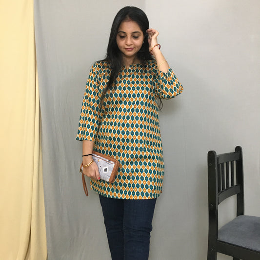 Sea Green Orange Honey Print Short  Kurti  - Pure Cotton