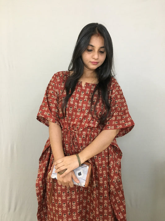 Kaftan - Ajrakh Maroon Cream - Maternity Feeding Zips - Free Size - Cotton Cambric
