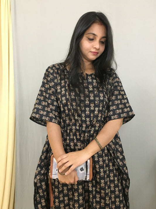 Kaftan - Black Cream Ajrakh Flower - Maternity Feeding Zips - Free Size- Cotton Cambric
