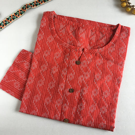 Katha Work  Short  Kurti  - Red - Pure Cotton