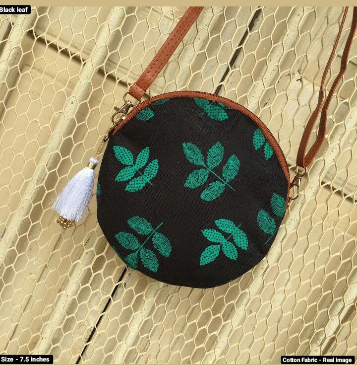 Black Leafy Prints Cute Round Sling - Small size