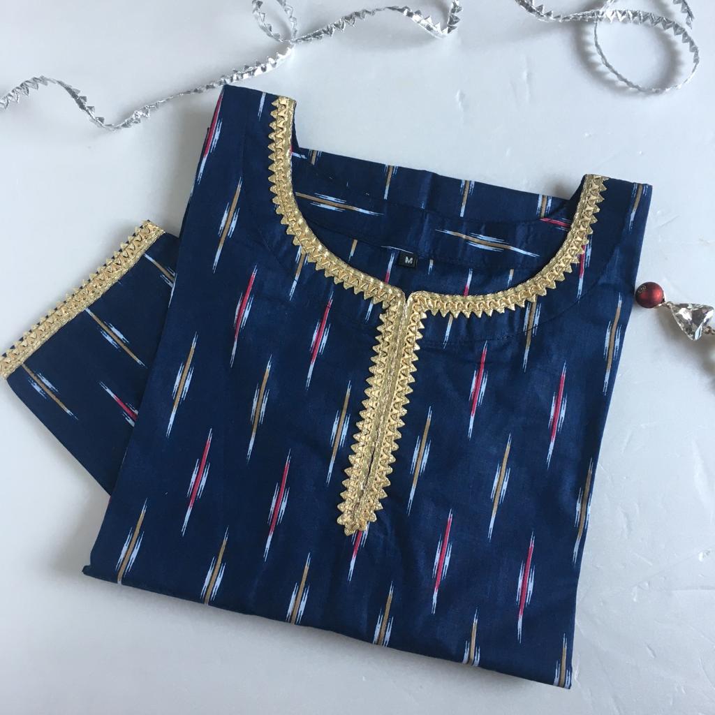 Blue Ikkat Golden Lace - Knee Length Kurti