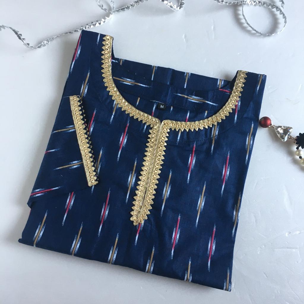 Blue Ikkat Golden Lace - Knee Length Kurti