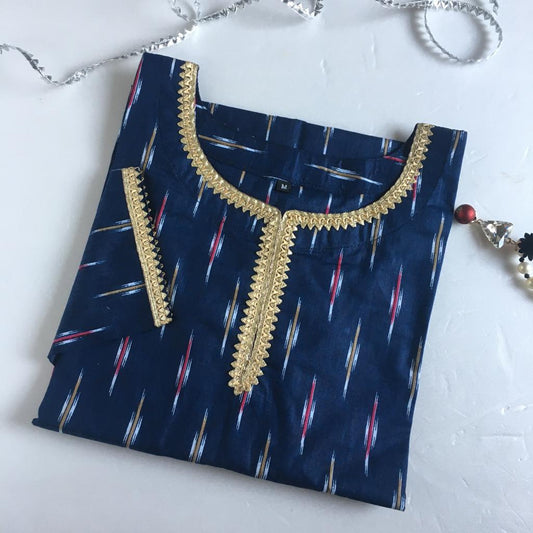 Blue Ikkat Golden Lace - Knee Length Kurti