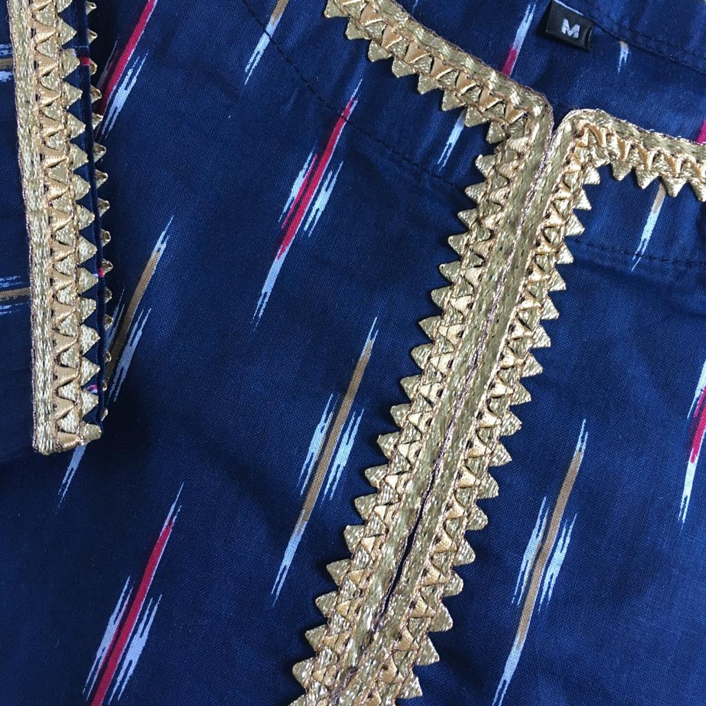 Blue Ikkat Golden Lace - Knee Length Kurti