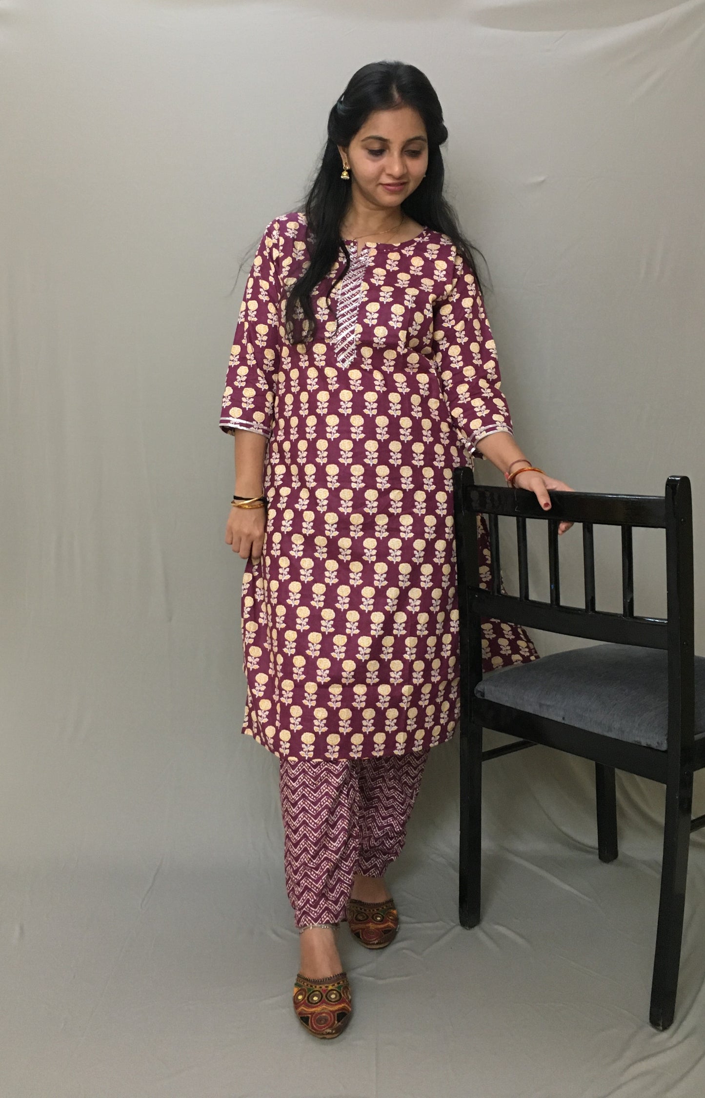 Roses Kurti Set - Wine Colour