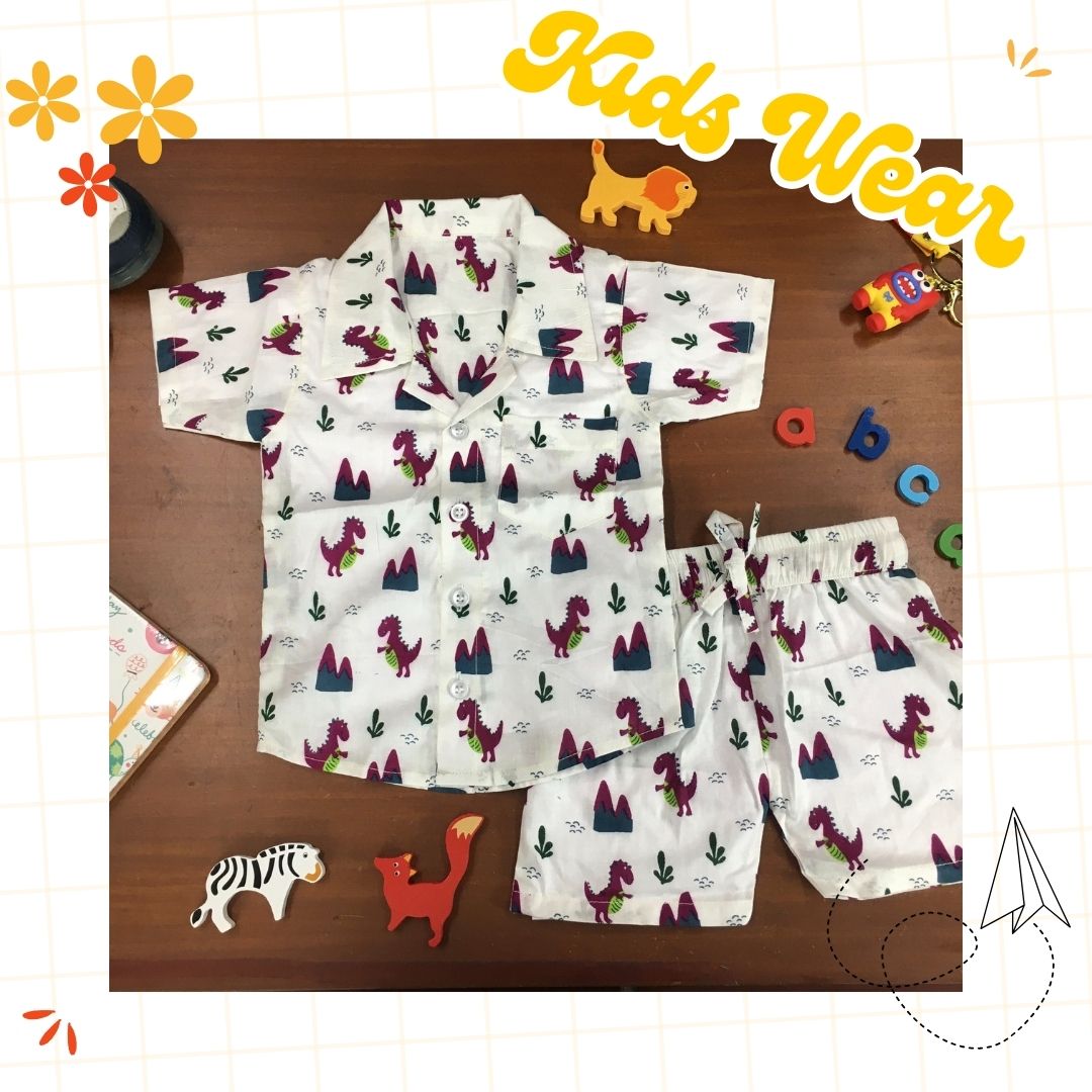 Kids Shirt & Short set - Purple Dainosaur