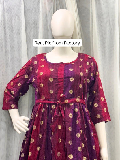 Gold Flower - Purple Maroon  - Maternity Kurti with Feeding Zips - Soft Rayon