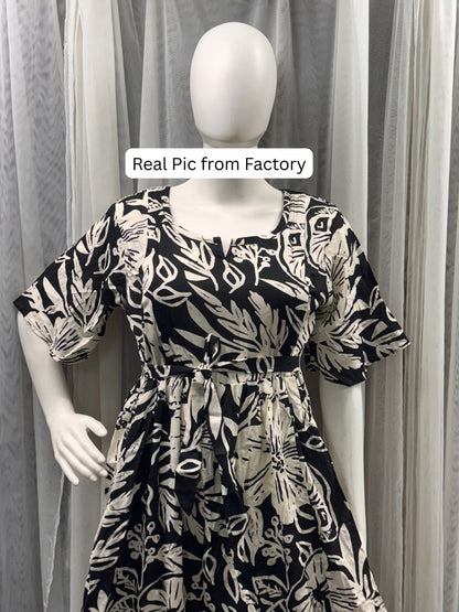 Hibiscus Black - Knee Length Maternity Dress with Feeding Zips - Soft Rayon