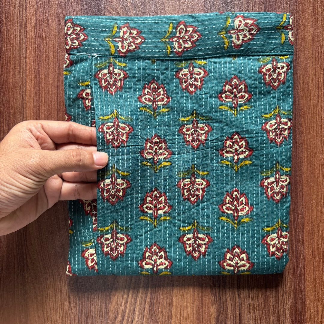 Katha Work - Green Brown Flower - Cord Set - Pure Cotton