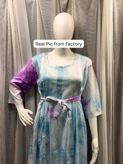 Tye Dye - Sky Blue Purple - Maternity Kurti with Feeding Zips - Soft Rayon