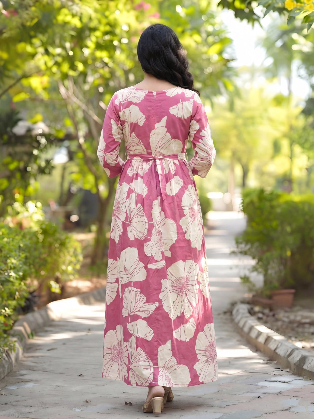 Baby Pink White Big Flower - Maternity Kurti with Feeding Zips - Soft Rayon