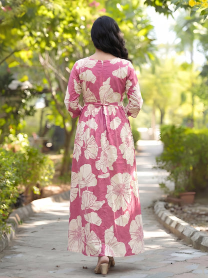 Baby Pink White Big Flower - Maternity Kurti with Feeding Zips - Soft Rayon