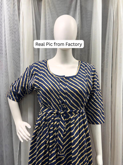 Stripes - Royal Blue - Maternity Kurti with Feeding Zips - Soft Rayon