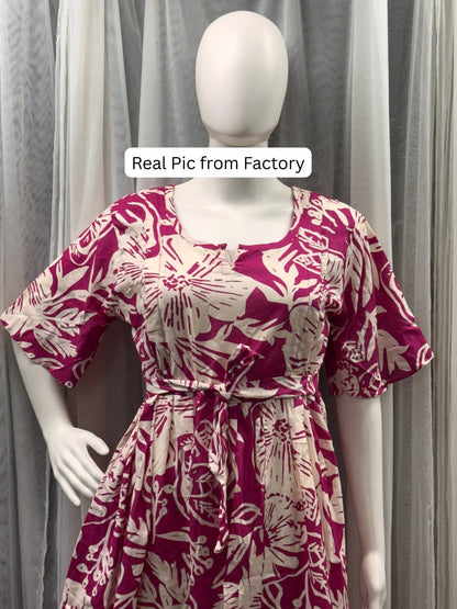 Hibiscus Pink - Knee Length Maternity Dress with Feeding Zips - Soft Rayon