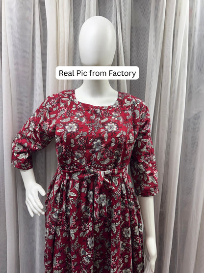 Maroon Forrest Print - Maternity Kurti with Feeding Zips - Cotton Flex - Thicker Fabric