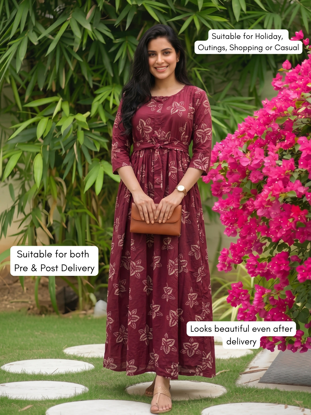Meher Maroon - Maternity Dress with Feeding Zips - Soft Rayon