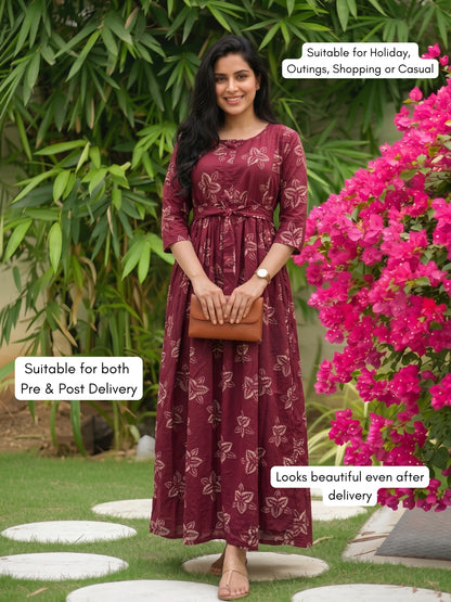 Meher Maroon - Maternity Dress with Feeding Zips - Soft Rayon