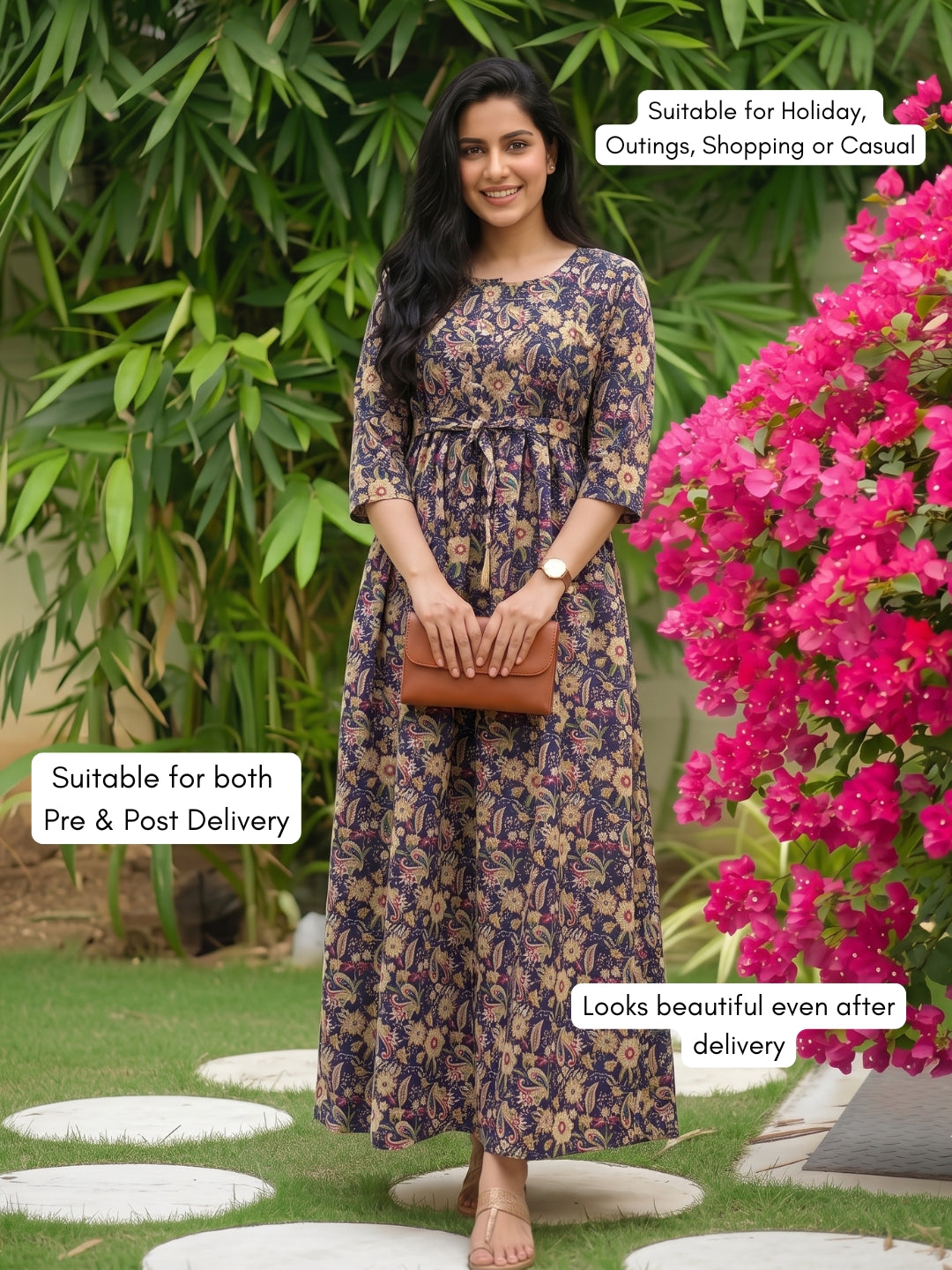 Gulmohar - Blue - Maternity Dress with Feeding Zips - Pure Cotton
