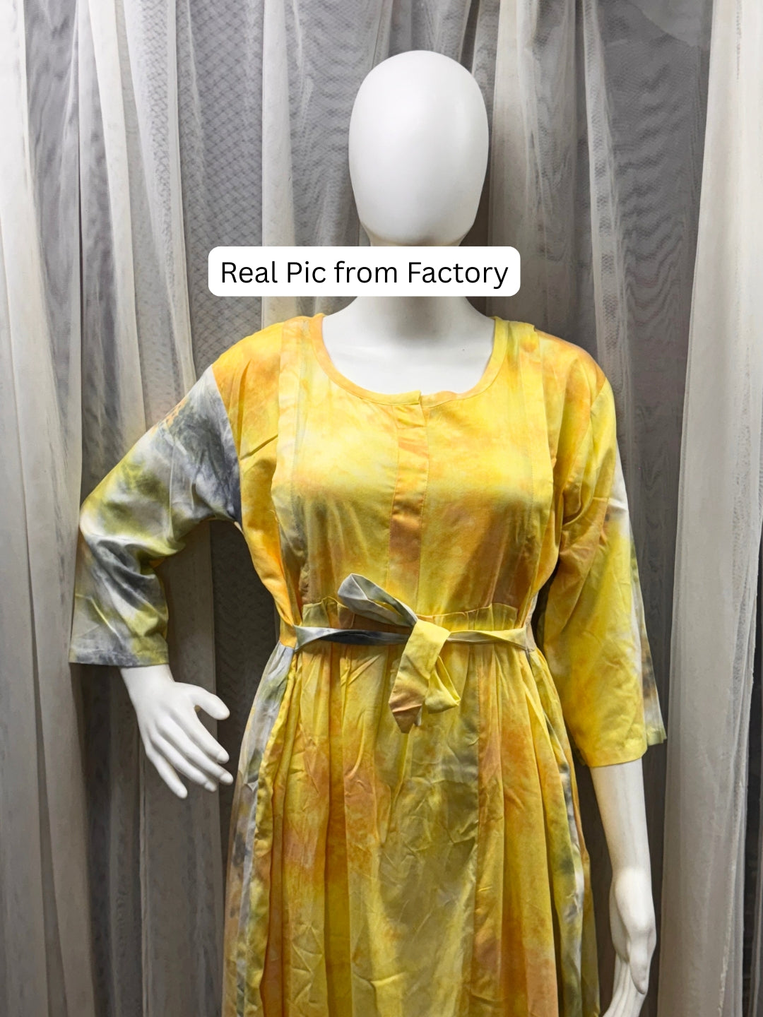 Tye Dye - Yellow Grey - Maternity Kurti with Feeding Zips - Soft Rayon