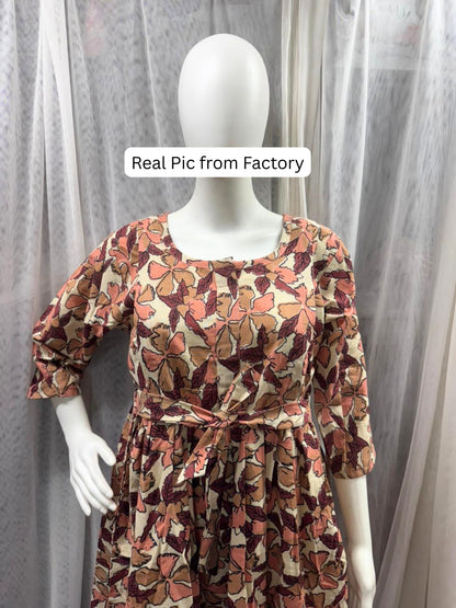 Pink Cream Leaf - Maternity Kurti with Feeding Zips - Cotton Flex - Thicker Fabric