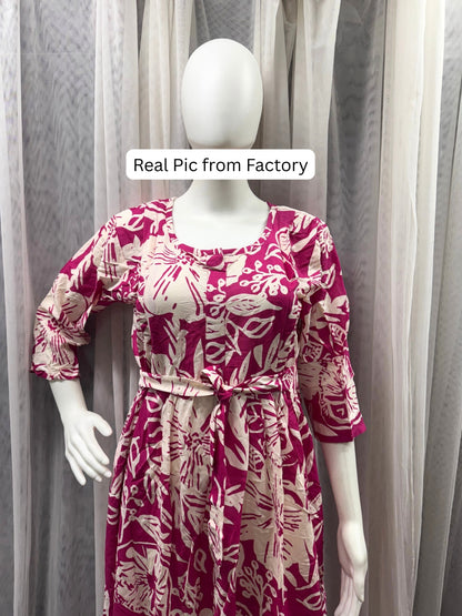 Hibiscus - Pink White - Maternity Kurti with Feeding Zips - Soft Rayon