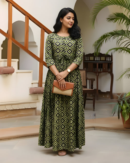 Green Cream Square - Maternity Kurti with Feeding Zips - Cotton Flex - Thicker Fabric