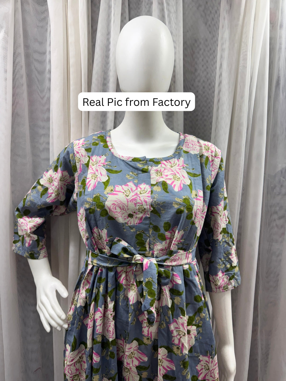 Exotic Flower - Sky Blue - Maternity Dress with Feeding Zips - Pure Cotton