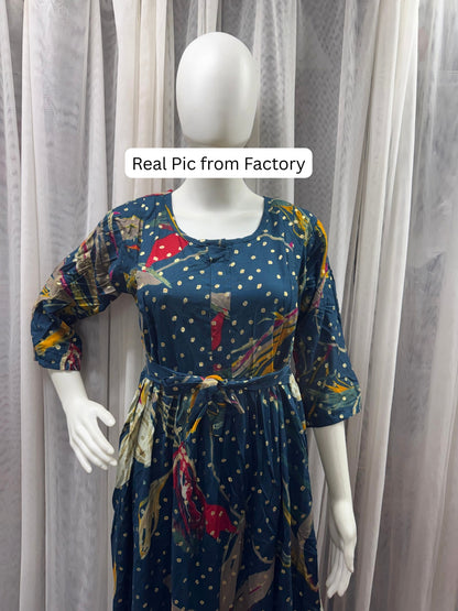 Nerium Flower - Blue - Maternity Kurti with Feeding Zips - Soft Rayon