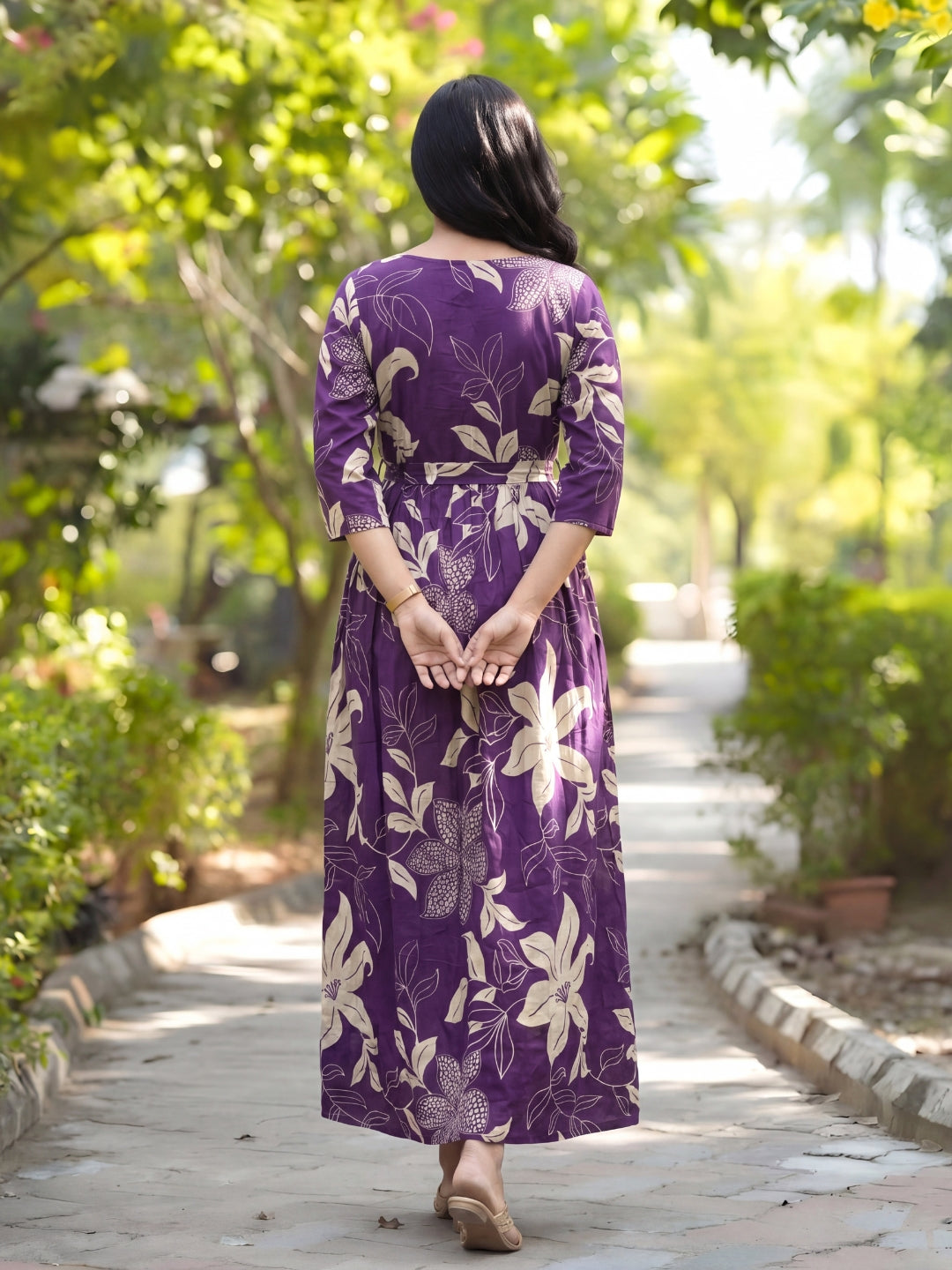 Lily flower Purple - Maternity Kurti with Feeding Zips - Cotton Flex - Thicker Fabric