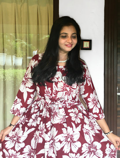Hibiscus - Maroon - Maternity Kurti with Feeding Zips - Cotton Flex - Thicker Fabric
