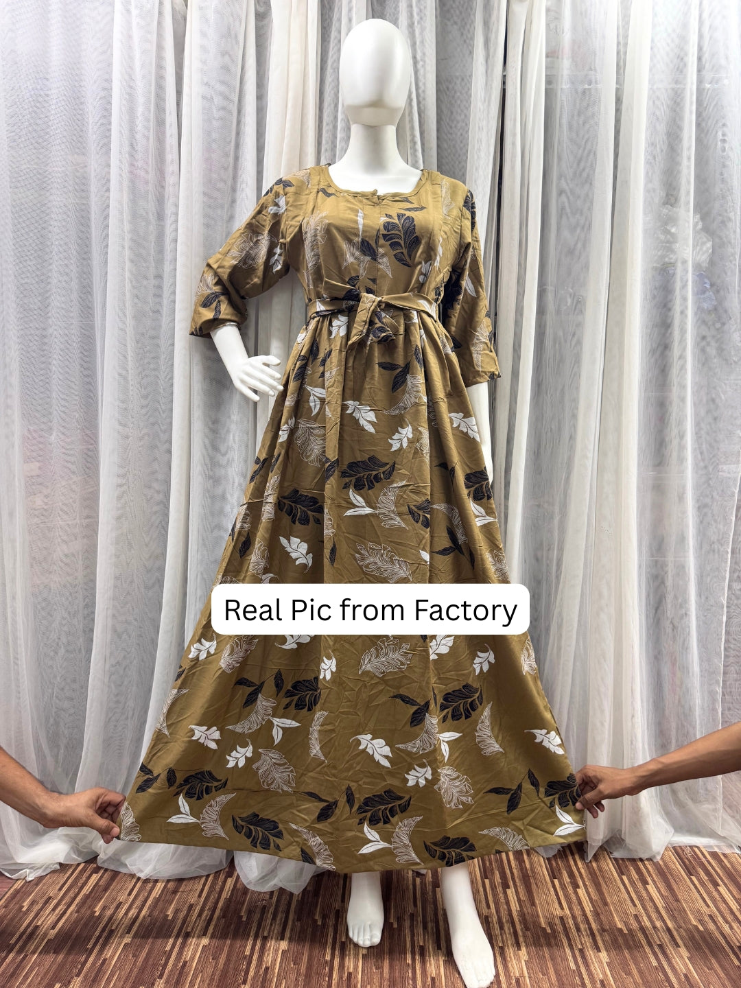 Brown White Leaf - Maternity Dress with Feeding Zips - Soft Rayon
