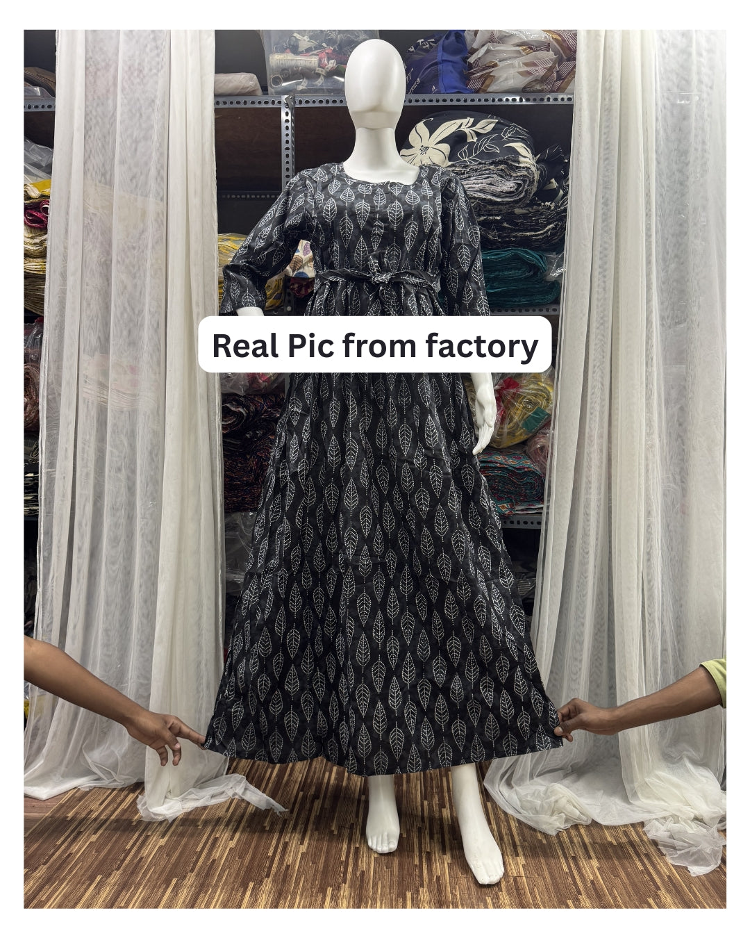 Black White Leaves - Maternity Kurti with Feeding Zips - Cambric Cotton